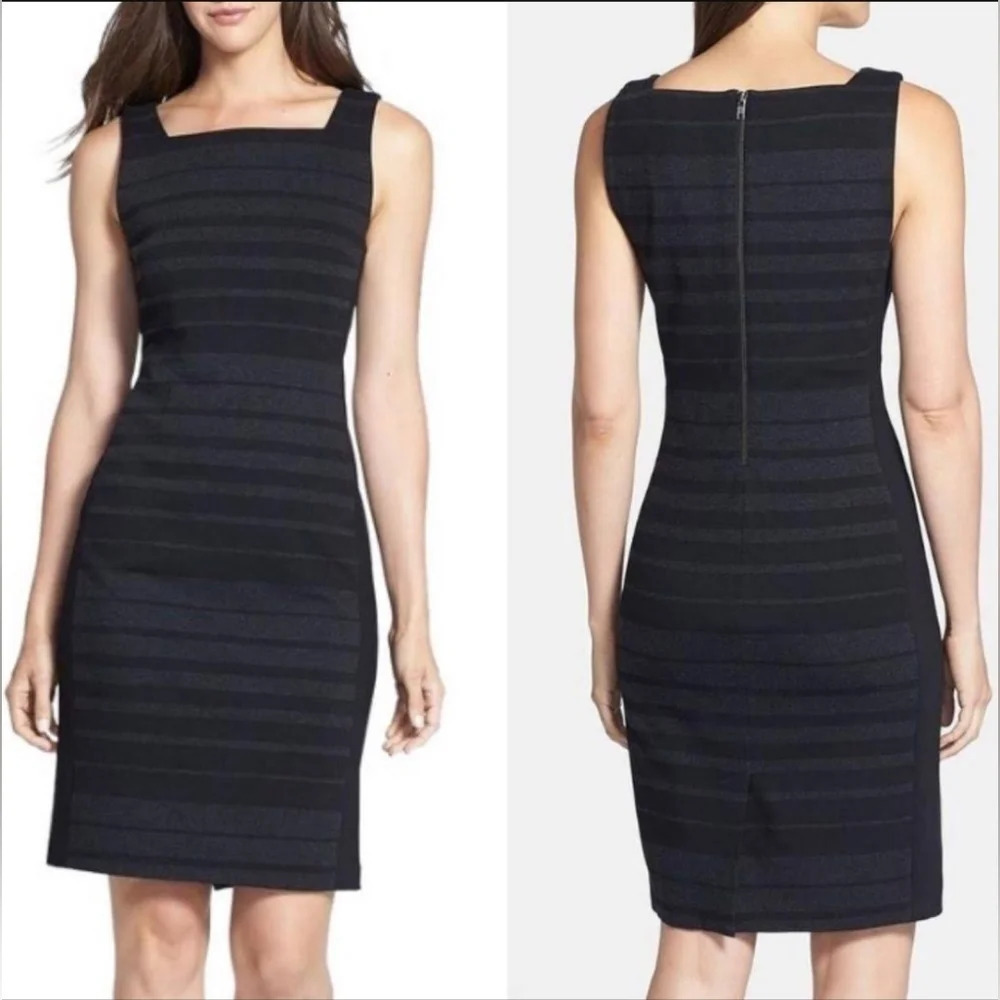 Eileen Fisher striped square neck Ponte knit Stretch Dress Size 4 Modern Office